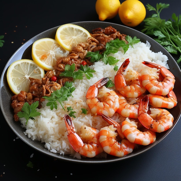 Snelle en gezonde Aziatische maaltijd gemaakt van gebakken rijst, verse garnalen, limoen en groenten in een zwarte kom