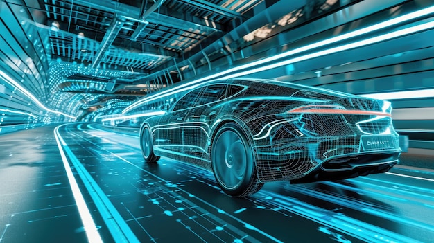 Snelle luxe dure supercar op de wegen van een nachtelijke stedelijke futuristische auto van de toekomstige film in beweging
