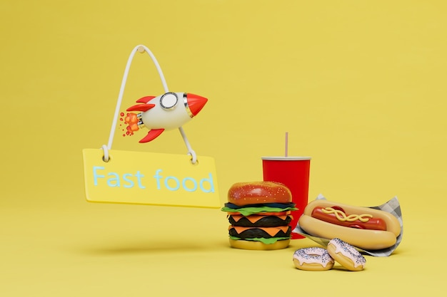 Snelle verslaving aan fastfood een hamburger een hotdog donuts een cola naast een fastfoodbord