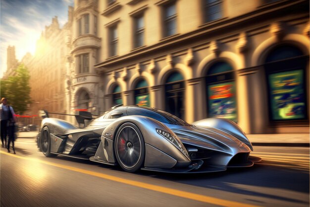 Snelle zilveren raceauto heldere hemel hypercar snelt door de stad