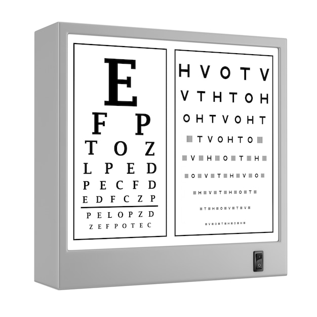 Foto snellen eye chart test light box op een witte achtergrond. 3d-rendering