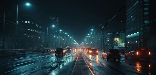 Snelweg in de stad 's nachts met auto's en lichten Generatieve Ai