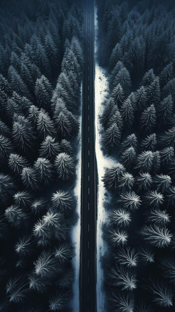Snelweg in de winter met een bos en bomen in de sneeuw Landschap met een uitzicht van boven vanuit een drone