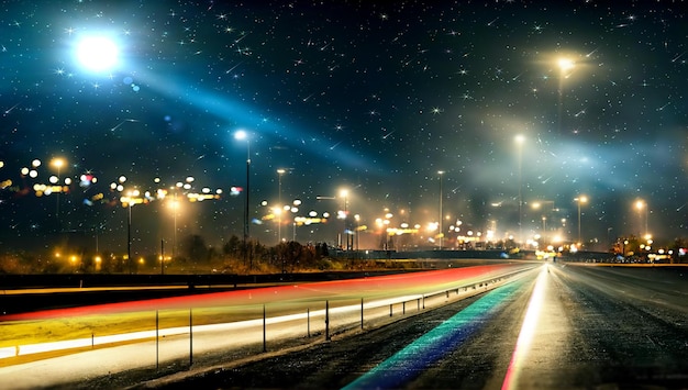 snelweg 's nachts, stadslicht wazig reflectie op horizon weg sterrenhemel en maan nacht manier