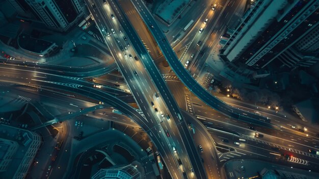 snelweg top view wegverkeer een belangrijke infrastructuur autoverkeer vervoer boven kruispunt weg in de stad nacht luchtbeeld stadsbeeld van geavanceerde innovatie