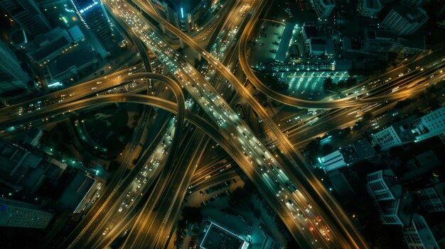 snelweg top view wegverkeer een belangrijke infrastructuur autoverkeer vervoer boven kruispunt weg in de stad nacht luchtbeeld stadsbeeld van geavanceerde innovatie