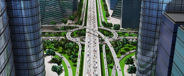 Snelwegkruising in de stad met zwaar verkeer 3d illustratie