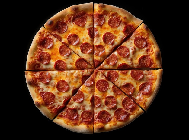 Snijd in plakjes heerlijke verse pizza met champignons en pepperoni op een donkere achtergrond Bovenaanzicht Pizza op de zwarte tafel