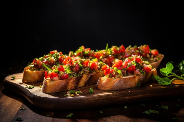 Foto snijden bruschetta op zwart houten plank