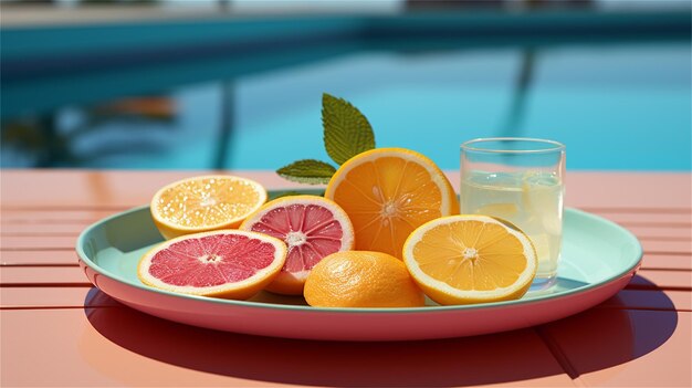 Snijden citroen, grapefruit, sinaasappel en limoen op een dienblad in het zwembad.