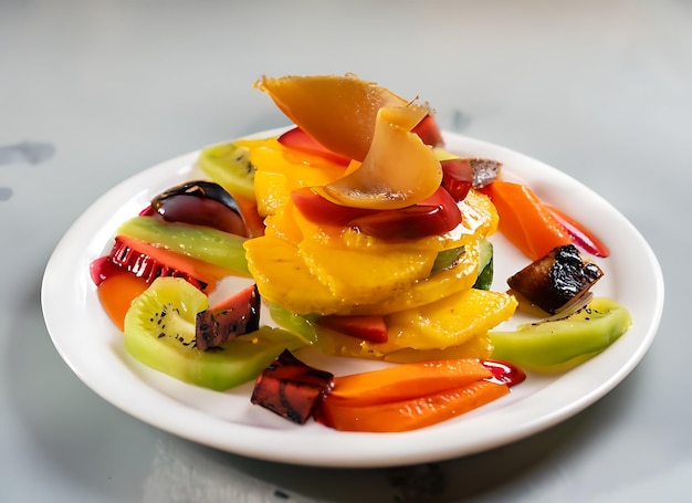 Snijden fruit en groenten op stapel met siroop als dessert Gastronomie op bord