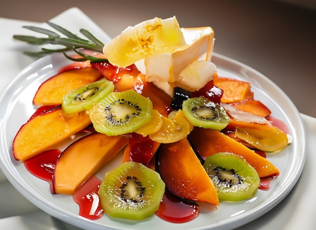 Snijden fruit en groenten op stapel met siroop als dessert Gastronomie op bord