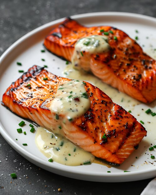 Foto snijden gegrilde zalm met romige mosterdgewassaus met peper op een wit bord