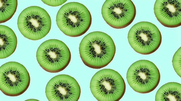 Snijden kiwi-vruchten en groene muntbladeren op een lichte pastelblauwe achtergrond