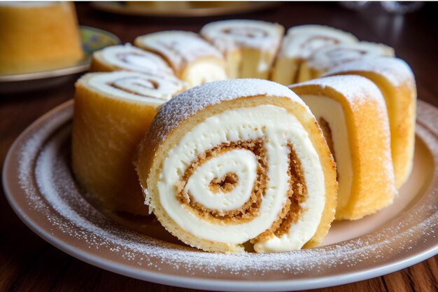 Snijden Swiss Roll cake op een houten plank