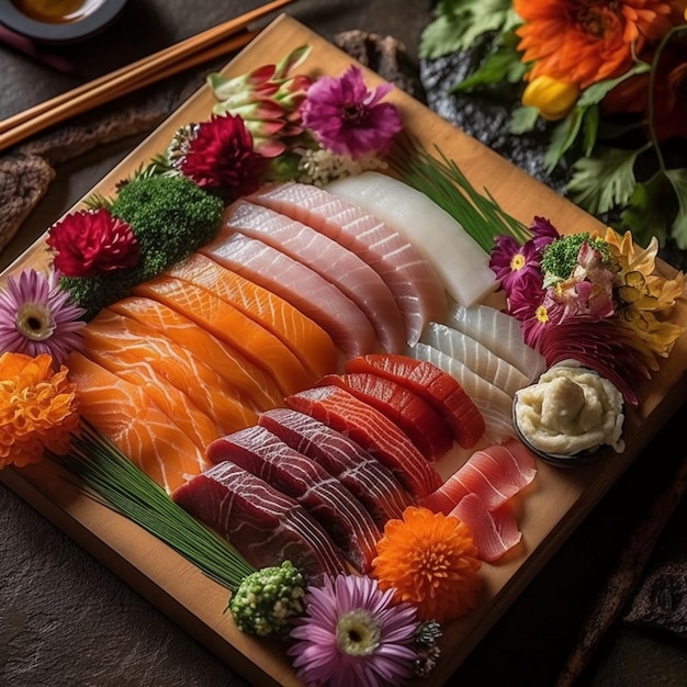 Foto snijden verse sashimi met de ongerepte rauwe vis en zijn elegante presentatie