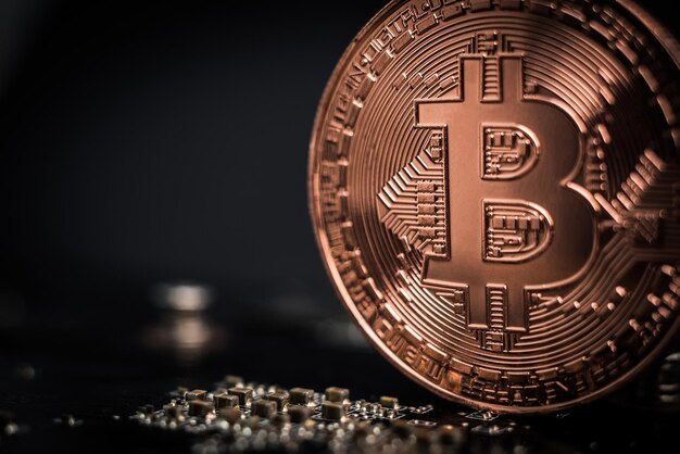 Snining bronze bitcoin coin standing on microcircuit Macro shot of bitcoin on computer scheme