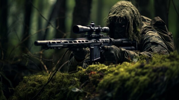 Photo sniper in the forest neural network ai generated