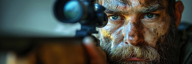 Photo sniper man killer assassin aiming at sight of sniper rifle on roof of building