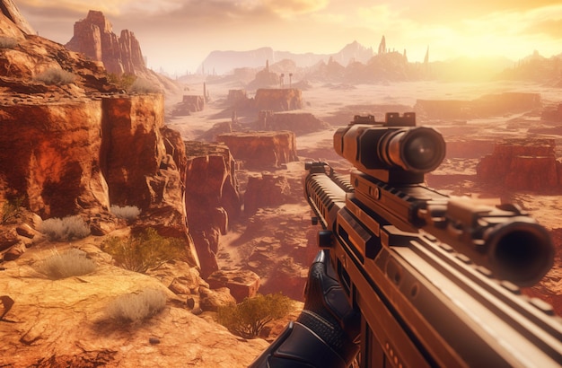 Sniper rifle on the background of the desert with AI generated