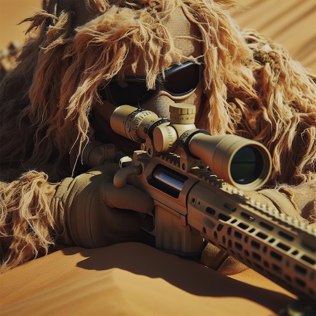 Sniper wearing a tan ghillie suit laying on a sand dune ready to attack