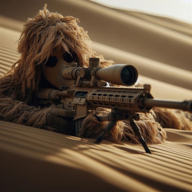 Снайпер в коричневом костюме лежит на песчаной дюне, готовый атаковать.