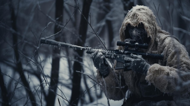 Sniper in the winter forest neural network ai generated