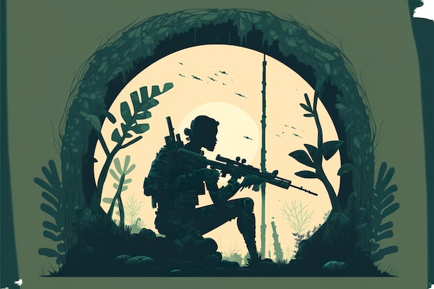 Sniper with a huge rifle is sitting in a shelter flat illustration