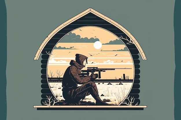 Photo sniper with a huge rifle is sitting in a shelter flat illustration