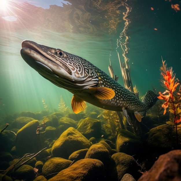 Snoek in zijn natuurlijke habitat Natuurfotografie Genatieve AI