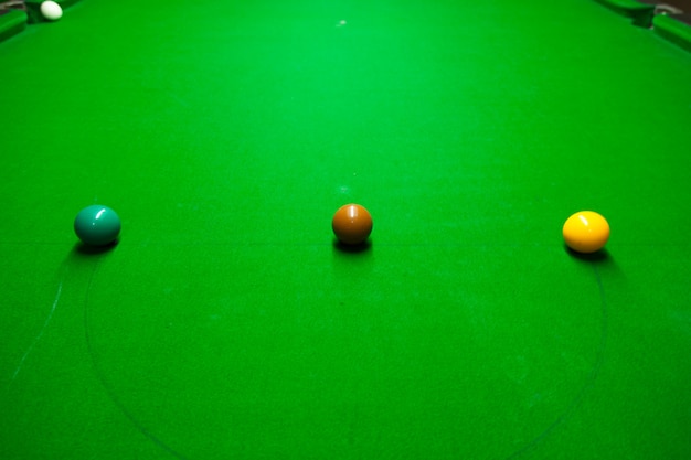 Snookerballen op een tafel.