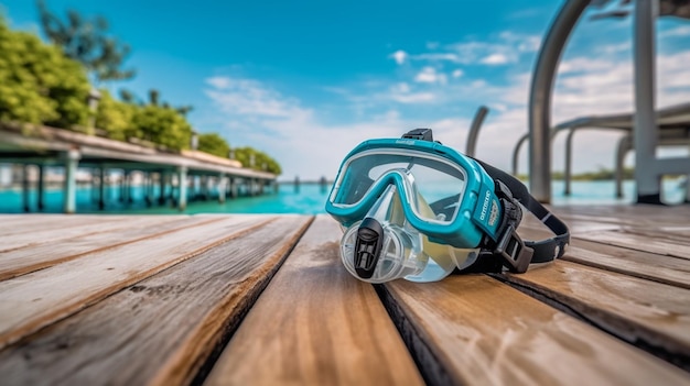 A snorkel mask and goggles are on a wooden table in front of a dock