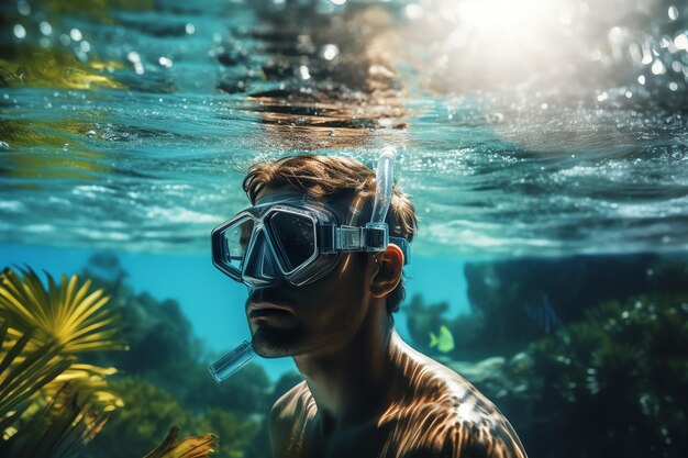 Uno snorkeler che indossa una maschera da snorkel e pinne sullo sfondo tropicale realistico
