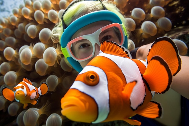 Foto uno snorkeler osserva un pesce clown nella sua anemone