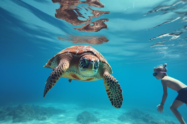 Snorkeler observing a sea turtle underwater