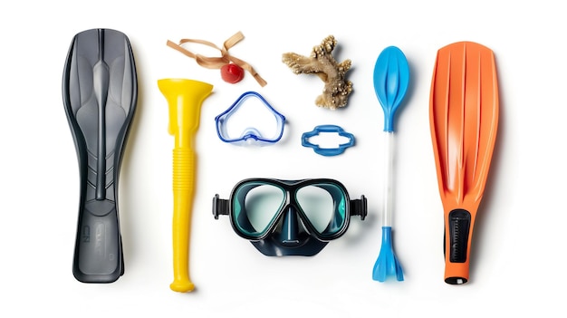 Snorkeling gear layout on a white background