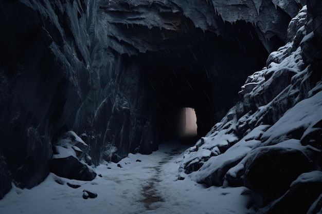 Snow accumulating at the mouth of a cave with the cave interior in darkness