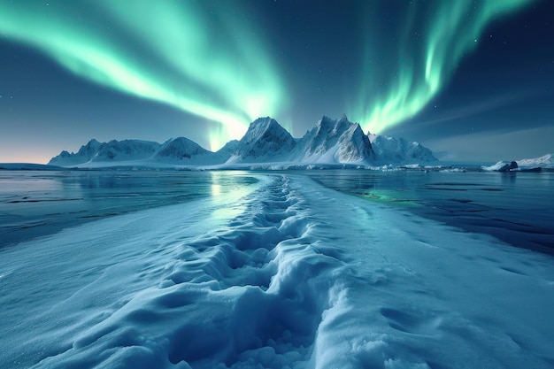 The snow in the antarctica is thick smooth and beautiful and aurora sky