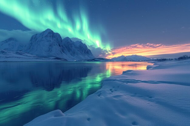 The snow in the antarctica is thick smooth and beautiful and aurora sky