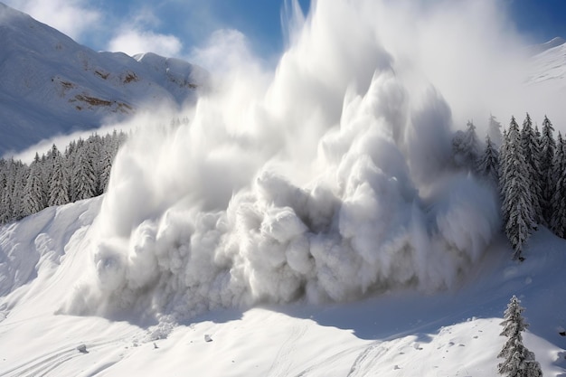 急な山の斜面から転落する雪崩を捕まえた