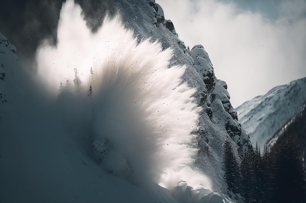 Snow avalanche coming down the mountain Generative AI