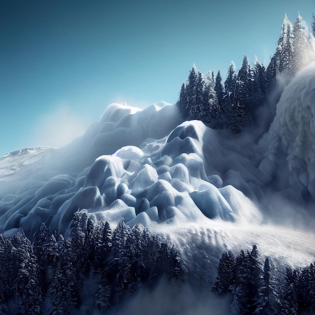 Snow avalanche landscape epic snowslide in winter snowy forest