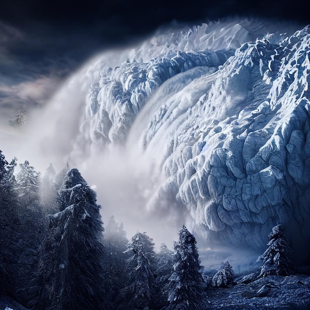 冬の雪に覆われた森の雪崩の風景の壮大な雪崩