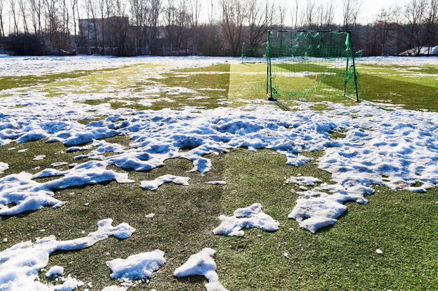 Snow bound outdoors soccer field