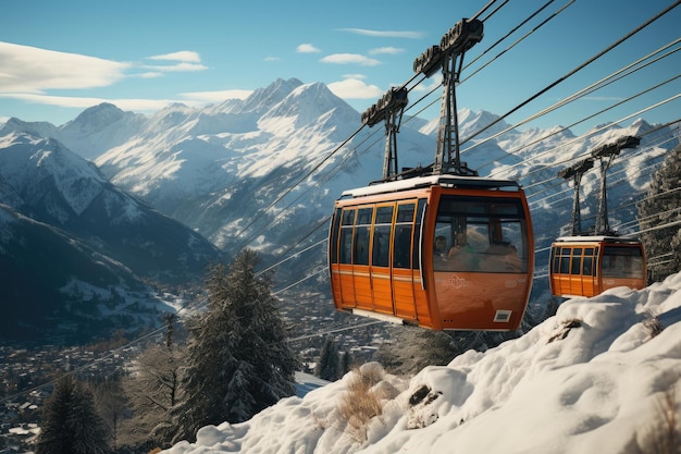 Snow cable car transports skyers to peaks generative IA