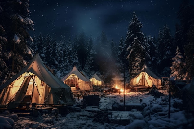 Snow camp at night in mountains Generate Ai