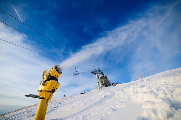 Snow cannon in action at ski resort