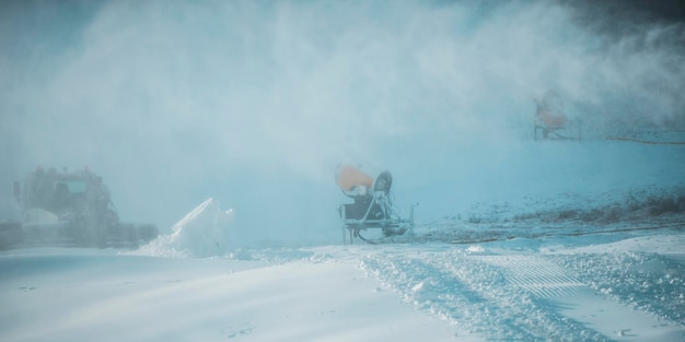 Snow cannon in winter mountains. Snow-gun spraying artificial ice crystals. Machine making snow.