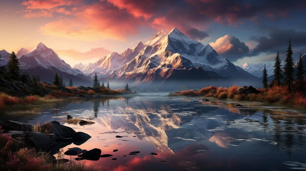 Photo snow capped mountain peak at sunrise