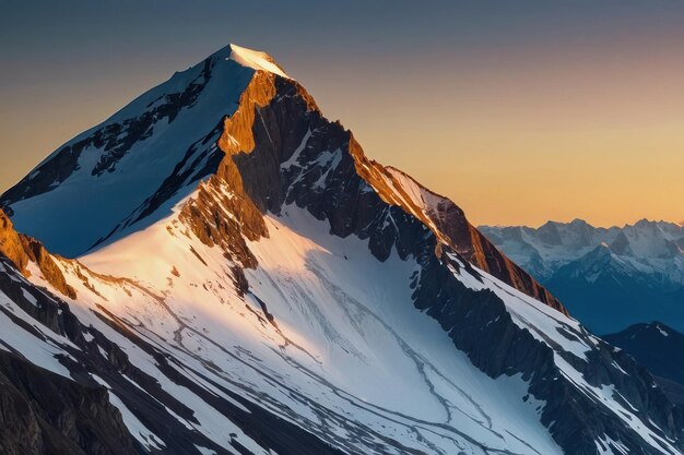 snow capped mountain peaks in the early morning light